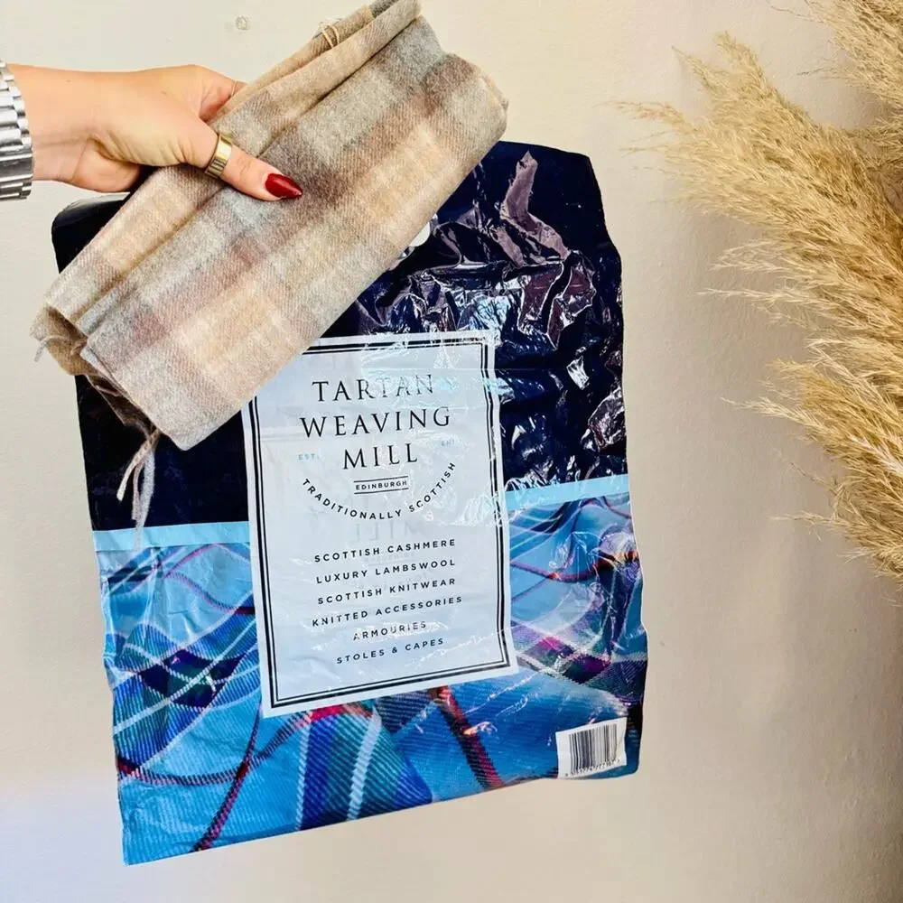 NEW EDINBURGH Beige Soft Blue Tan Cashmere Tartan Plaid Tassel Cozy Scarf Wrap